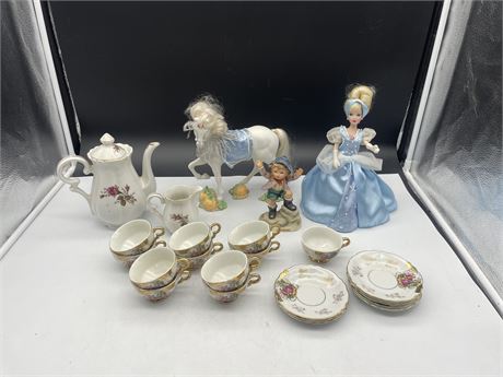 LOT OF CHINA + PORCELAIN BARBIE, HORSE AND BOY