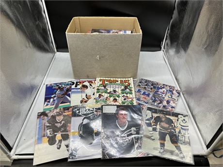 BOX OF SPORT MAGS W/SOME CARDS & PHOTOS - MOSTLY NHL BECKETT MAGS