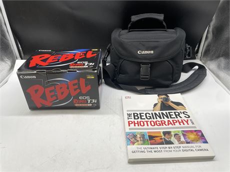 CANON EOS REBEL T3I CAMERA IN BOX WITH CARRYING CASE & PHOTOGRAPHY BOOK