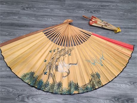 LARGE VINTAGE ASIAN HAND PAINTED FAN  (67"length)