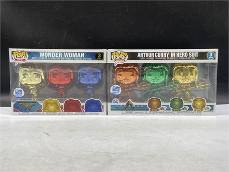 2 FUNKO LIMITED EDITION 3-PACKS WONDER WOMAN & ARTHUR CURRY IN HERO SUIT