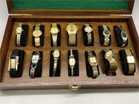 WOOD WATCH CASE FULL OF LADIES WATCHES - 2 KNOCKOFF ROLEX’