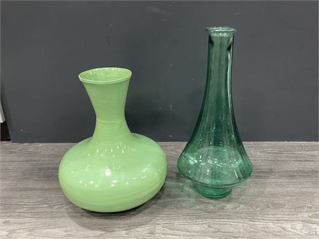 2 GREEN FLOWER VASES - 1 GLASS (Tallest is 18”)
