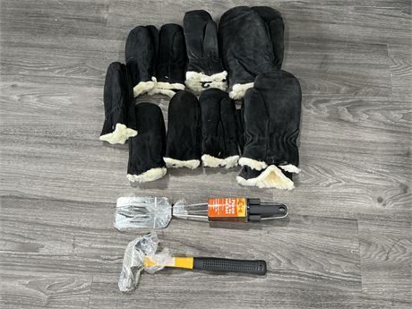 LOT OF NEW MITTENS - VARIOUS SIZES + NEW HAMMER AND BBQ SET