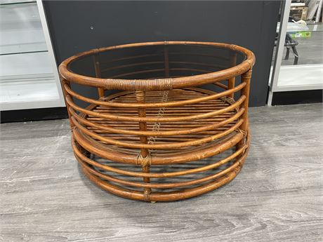 VINTAGE ROUND BAMBOO SMOKED GLASS TABLE 29”x17”
