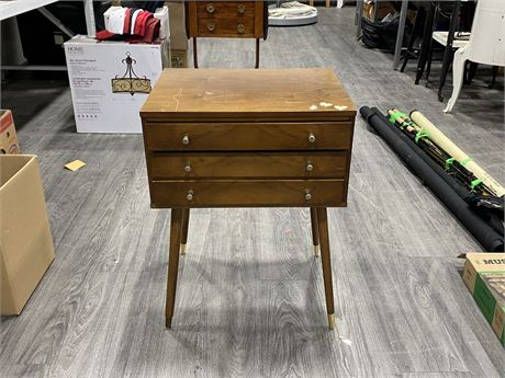 MID CENTURY MODERN SIDE TABLE W/ BUILT IN CUTLERY DRAWERS - 19” X 16” X 26”