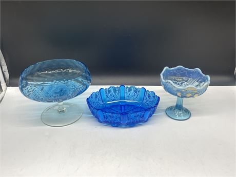 2 PEDESTAL COMPOTE & 1 BLUE CANDY DISH 8”x6”