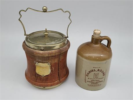 VINTAGE BISCUIT JAR AND SMALL WHISKEY JUG (6"tall)