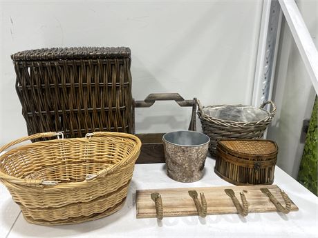 7 PIECES WICKER AND WOOD- HAMPER, BASKET, BOX ETC