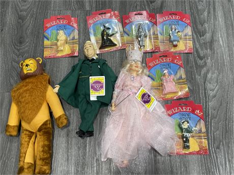VINTAGE 13” WIZARD OF OZ + GOOD WITCH, 15” LION & SET OF 6 WIZARD OF OZ MAGNETS