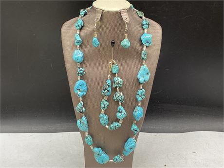 GENUINE TURQUOISE NECKLACE, EARRINGS & BRACELET ON DISPLAY STAND