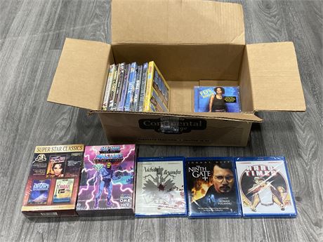 BOX OF ASSORTED SEALED DVD’S / 3 SEALED BLU-RAYS