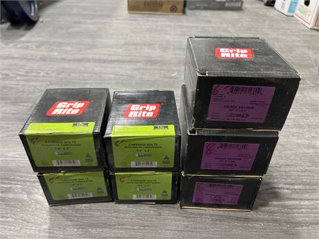 7 BOXES OF GRIP RITE CARRIAGE BOLTS + WEDGE ANCHORS - SPECS IN PHOTOS
