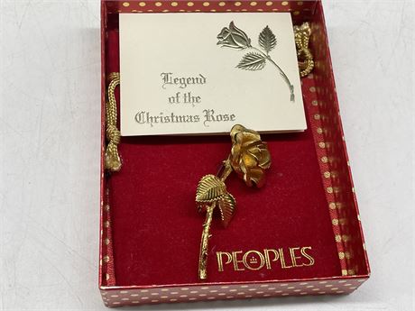PEOPLES LEGEND OF THE CHRISTMAS ROSE - GOLDTONE PIN WITH VELVET BAG & VERSE