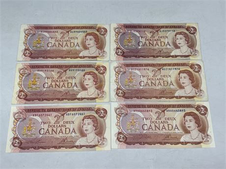 *NO TAX* (6) 1974 CANADIAN $2 BILLS