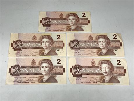 (5) 1986 CANADIAN $2 BILLS