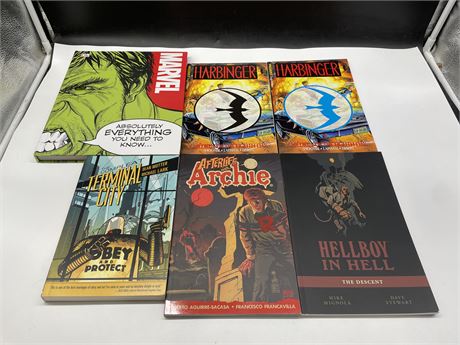 5 COMIC BOOK PAPERBACKS & MARVEL EVERYTHING YOU NEED TO KNOW HARDCOVER BOOK