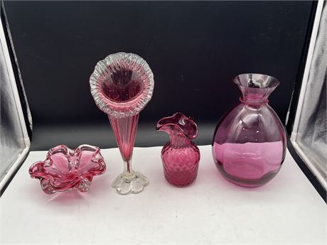4PCS OF CRANBERRY GLASS - TALL VASE IS 13”