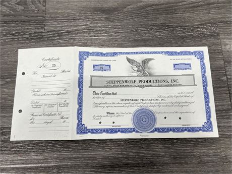 COLLECTABLE UNRELEASED ‘STEPPENWOLF’ SHARE CERTIFICATE FOR 5000 SHARES