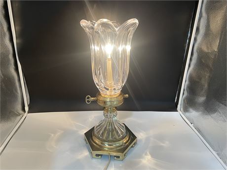 VINTAGE BRASS & GLASS LAMP - WORKING - 19” TALL