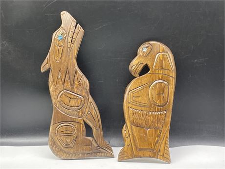 2 SIGNED GREG WHITESELL WOODEN CARVED PLAQUES (LARGEST 7”x14”)