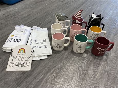 LOT OF 9 MUGS, HAND & KITCHEN TOWELS + SIGN