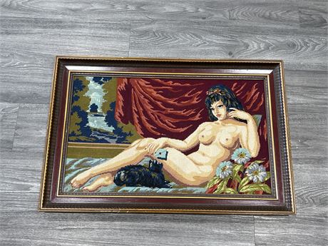 VINTAGE NUDE NEEDLE POINT FRAMED PICTURE - 33”x22”