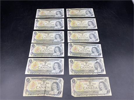 (12) 1973 CANADIAN $1 BILLS (2 SEQUENCED)