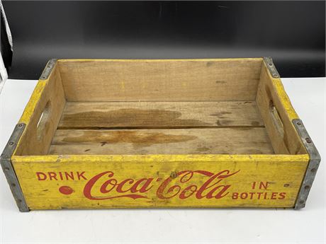 VINTAGE 1956 COCA-COLA YELLOW WOODEN SODA POP CRATE (18”X30”)