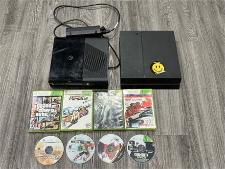 XBOX 360 W/MISC GAMES & PS4 CONSOLE (No cords for PS4)