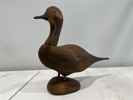 VINTAGE CARVED DUCK W/ GLASS EYES - SIGNED ON BOTTOM - 13” TALL