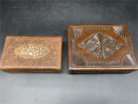 2 WOOD CARVED BOXES (1 w/jewelry)