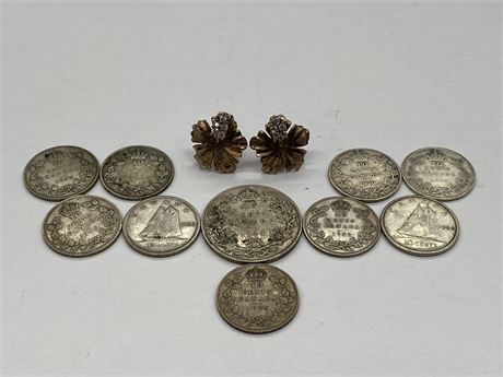 EARLY SILVER CANADIAN COINS & STERLING SILVER EARRINGS