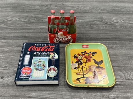 COCA COLA LOT - BOTTLES, PRICE GUIDE BOOK, + TRAY (13”X11”)