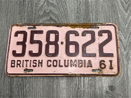1961 PINK BRITISH COLUMBIA LICENSE PLATE