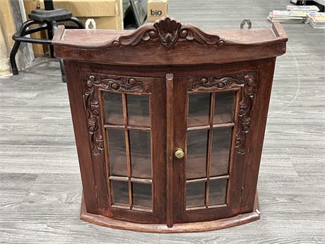 VINTAGE CARVED WOOD WALL MOUNT CABINET (21”x22”)