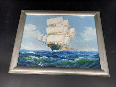 FRAMED OIL ON CANVAS SHIP (unsigned) 18”x14”