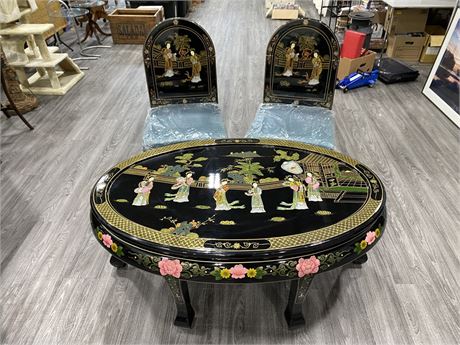 HANDPAINTED LACQUERED CHINESE TABLE SET W/2 CHAIRS LIKE NEW (SEE DESCRIPTION)