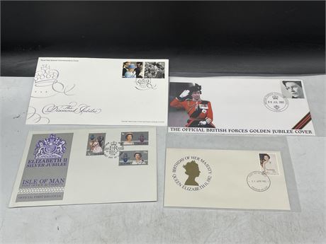 4 FIRST DAY COVER STAMPS - QUEEN SILVER DIAMOND + GOLDEN JUBILEE