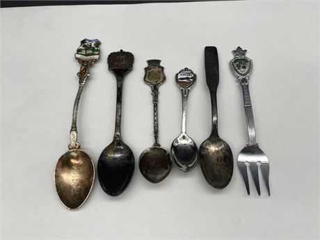 5 VINTAGE COLLECTORS SPOONS - SOME MARKED 800 SILVER / STERLINGS / ECT