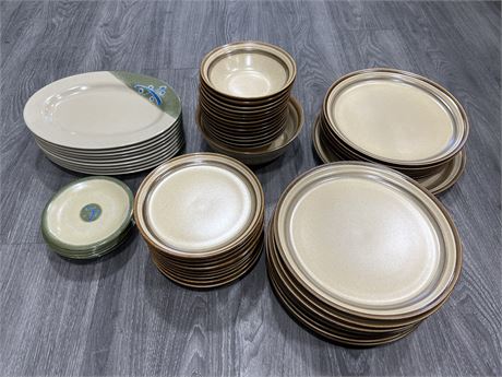 LOT OF STONEWARE DISHES & PLASTIC LIH TAY PLATES