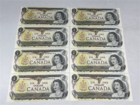 *NO TAX* (8) 2 SETS OF 4 SEQUENCED 1973 CANADIAN $1 BILLS - NM