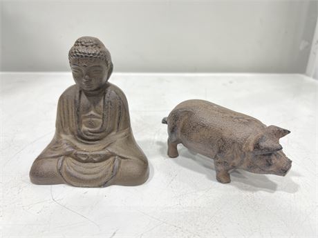 CAST IRON PIG & BUDDHA (Buddha is 5” tall)