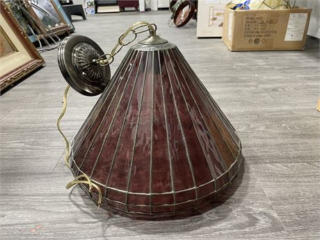 VINTAGE CRANBERRY STAINED GLASS HANGING LAMP (15”x14”)