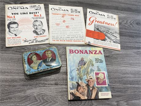 (4) 1946 CINEMA MAGS, ANTIQUE ROYALS TIN, & VINTAGE BONANZA BOOK