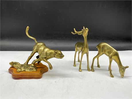PAIR OF BRASS DEER + SOLID BRASS RUNNING PANTHER ON WOOD (TALLEST IS 6.5”)