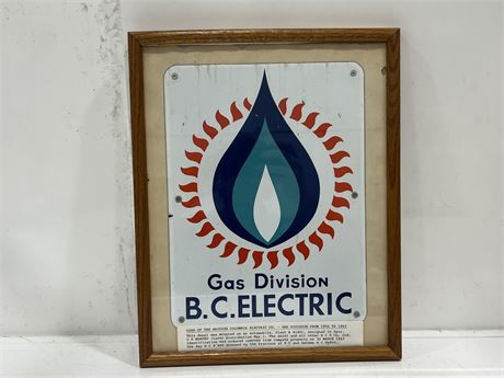 VINTAGE ENAMEL BC ELECTRIC (Gas Div.) FRAMED SIGN (Sign is 9”x12”)