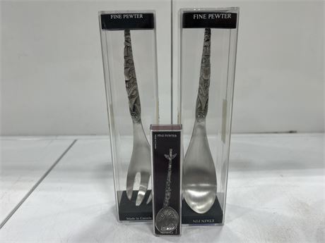 PEWTER LOT - 3 PIECES - SERVING SET & SMALL SPOON
