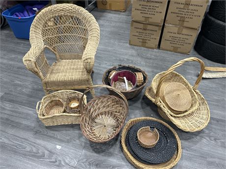 LARGE LOT OF WICKER BASKETS + SMALL CHAIR - SOME VINTAGE