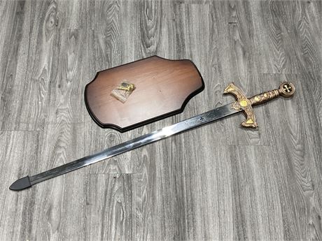 2 HANDED STAINLESS STEEL SWORD W/WALL MOUNT (47” long)